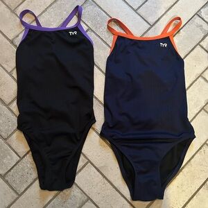 TYR Black and Navy Swimsuits with Purple and Orange Trim